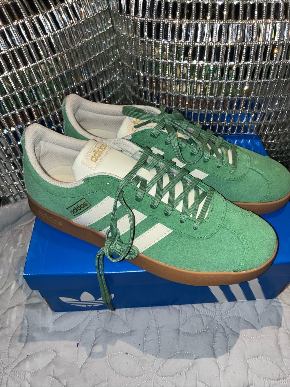 adidas Green Suede Sneakers with White Stripes and Gum Sole
